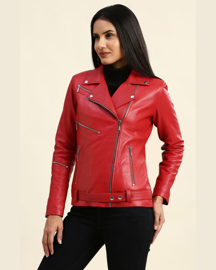 Buy Red Leather Motorcycle Jacket For Women from