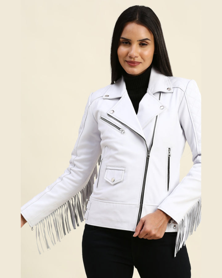 Shop White Leather Fringe Moto Jacket with Studs, Pretty Attitude