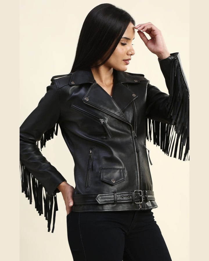 Fringe leather jacket womens best sale