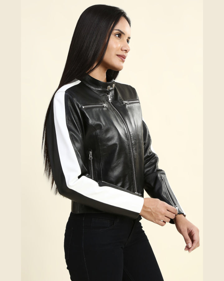 Women's Zipper Motorcycle White Faux Leather Jacket