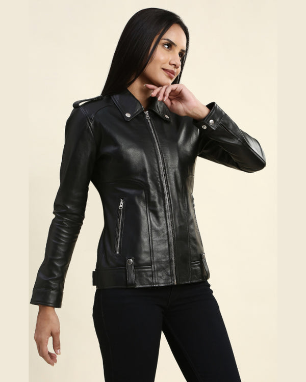 Womens Eleanor Black Motorcycle Leather Jacket - Shopperfiesta