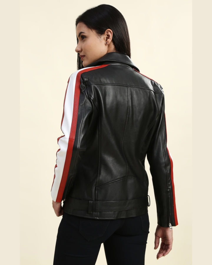 Black leather clearance jacket red stripe