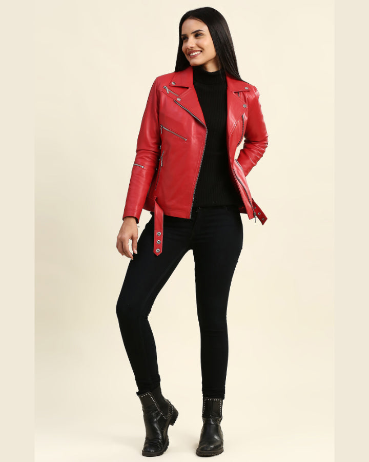 Biker Red Leather Jacket for Women