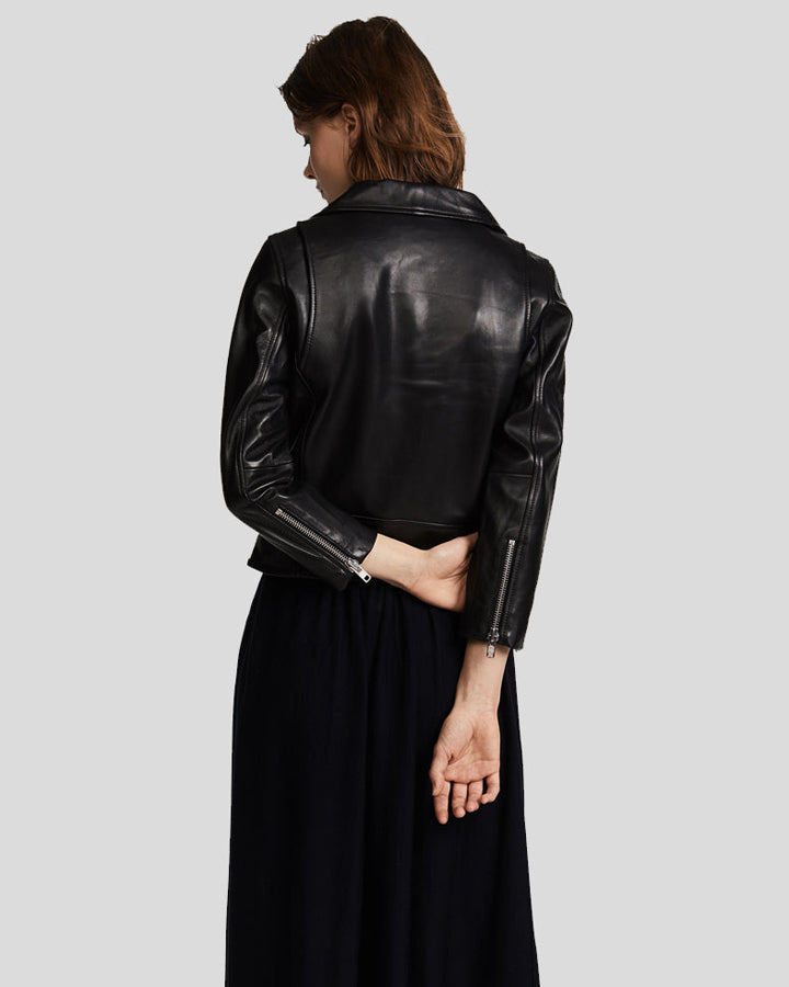 Womens Cameron Black Biker Leather Jacket - Shopperfiesta