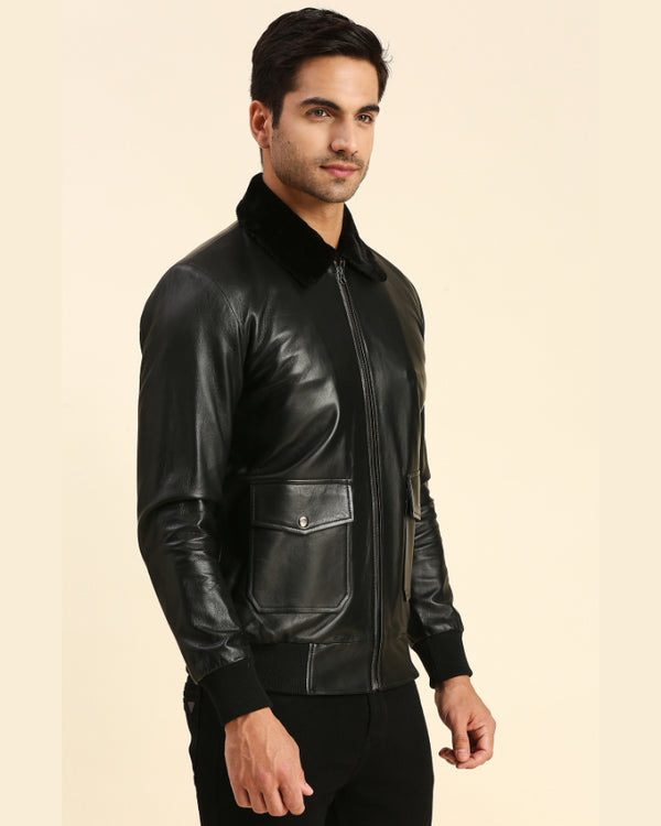 Mens Winston Black Bomber Leather Jacket - Shopperfiesta