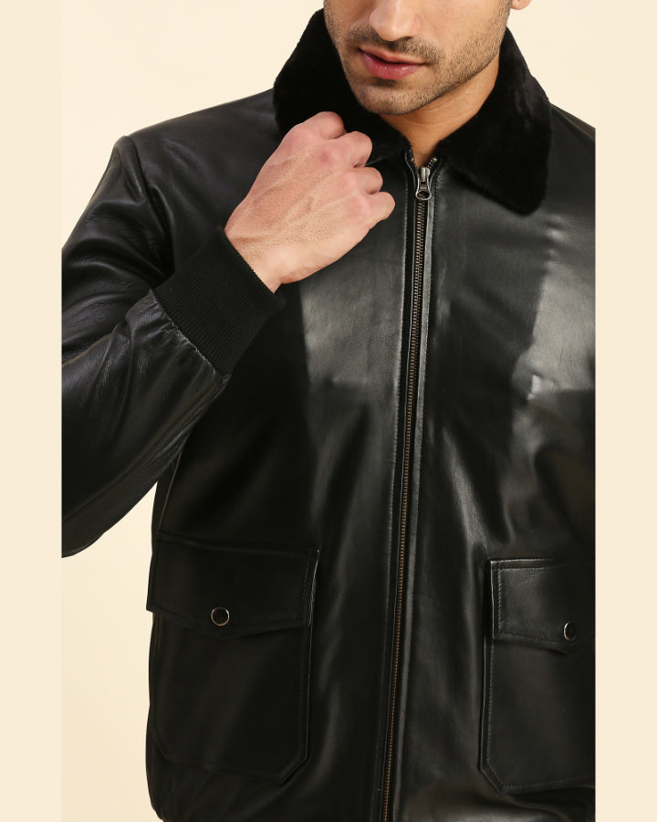 Men Fritz Black Bomber Leather Jacket, Medium - Men's Leather Jackets - 100% Real Leather - NYC Leather Jackets