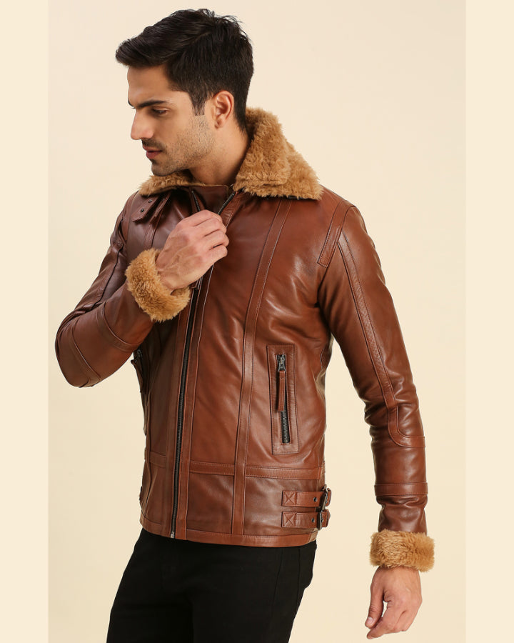 Mens Brave Brown Leather Racer Jacket With Shearling - Shopperfiesta