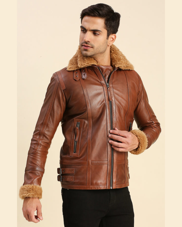 Mens Brave Brown Leather Racer Jacket With Shearling - Shopperfiesta