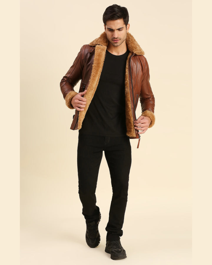 Mens Brave Brown Leather Racer Jacket With Shearling - Shopperfiesta