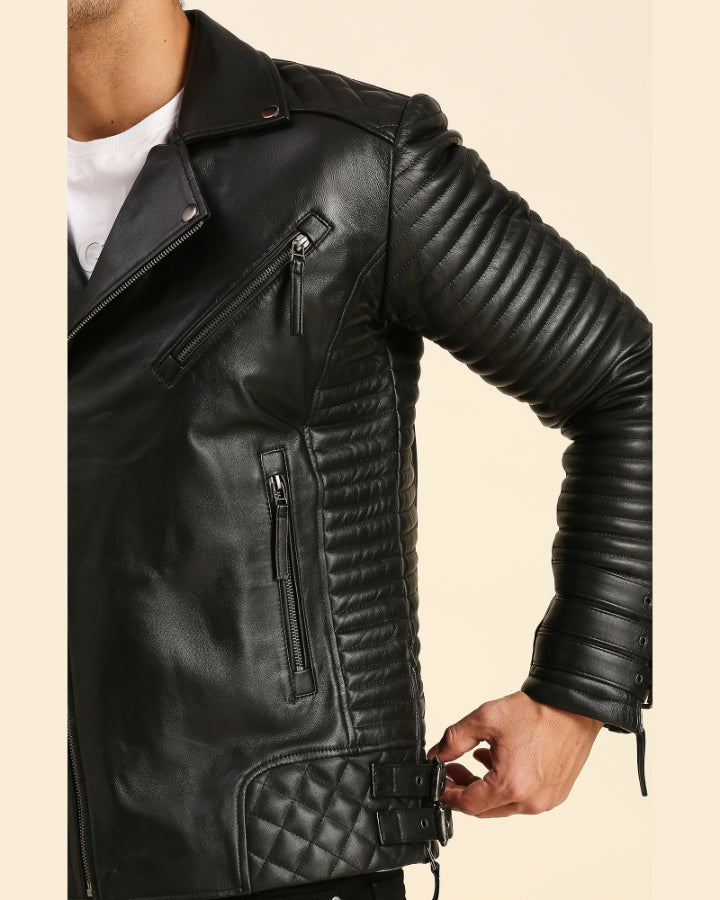 Estimo Side Zip Ribbed Leather Biker Jacket Black/ napp: Constantine S