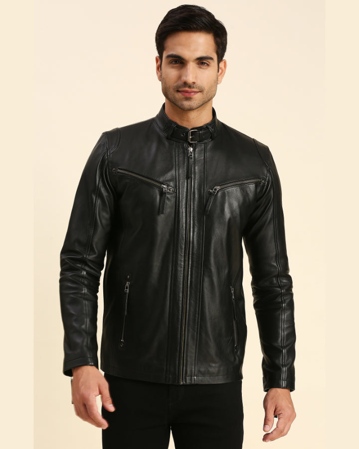 Mens leather shop racer jacket