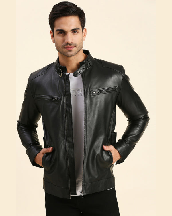 Mens Marcus Black Leather Racer Jacket - Shopperfiesta