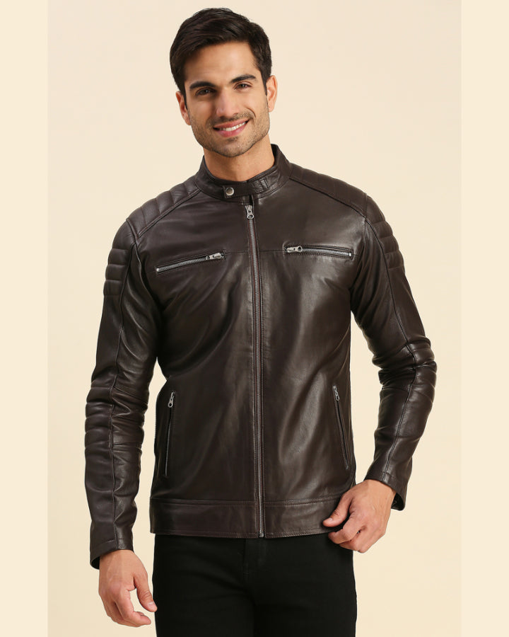 Mens Boaz Brown Leather Racer Jacket - Shopperfiesta