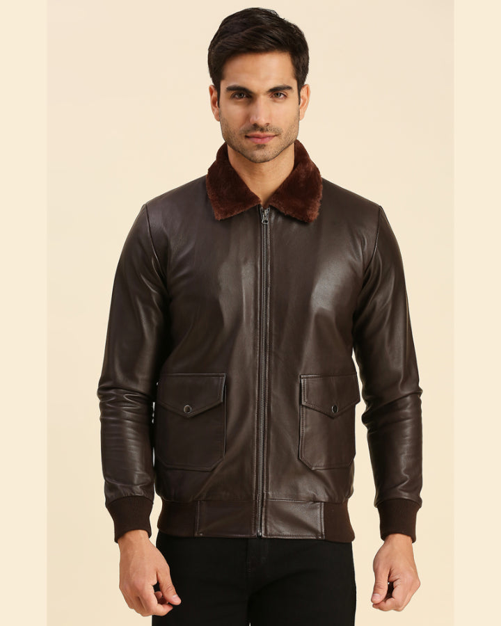 Mens Graham Brown Bomber Leather Jacket With Shearling Collar