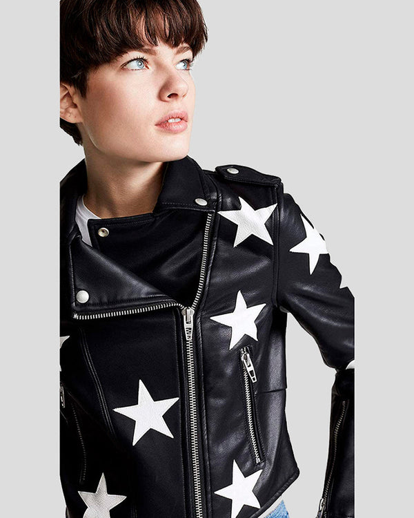 Womens Zaylee Black Biker Star Leather Jacket Shopperfiesta